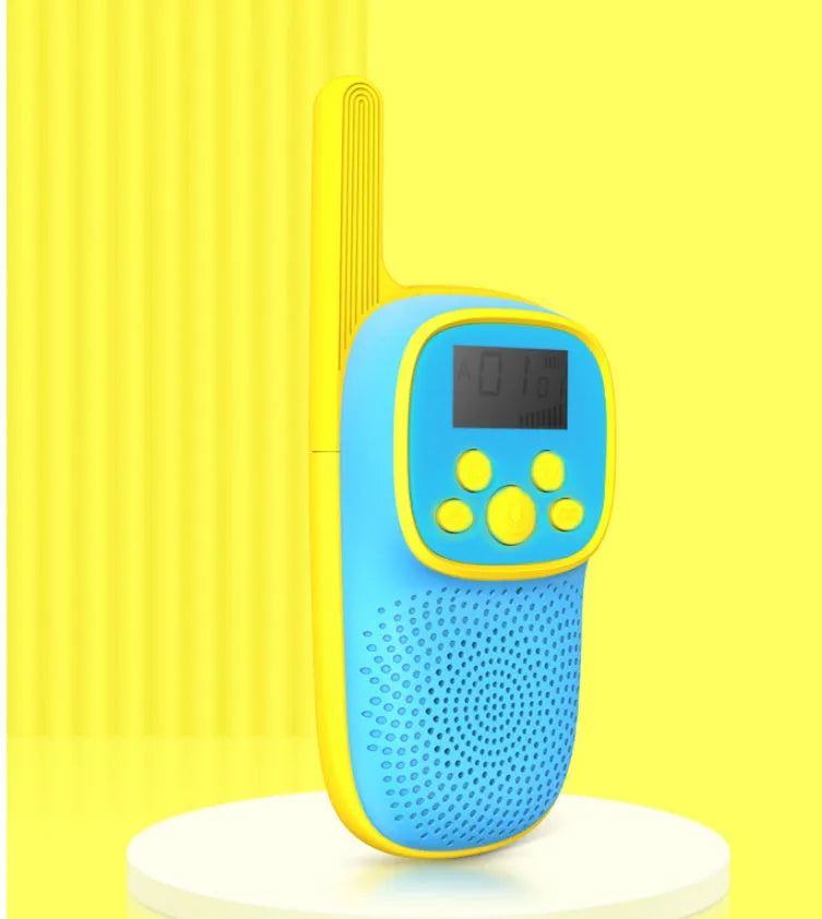 Wireless cartoon children's walkie-talkie toy pair in pink and blue with non-slip grip, hanging ropes, and packaging box