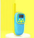 Wireless cartoon children's walkie-talkie toy pair in pink and blue with non-slip grip, hanging ropes, and packaging box