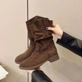 Women's suede ankle boots with 3-5cm mid block heel, round toe, slip-on design, khaki and brown, sizes 35-40.