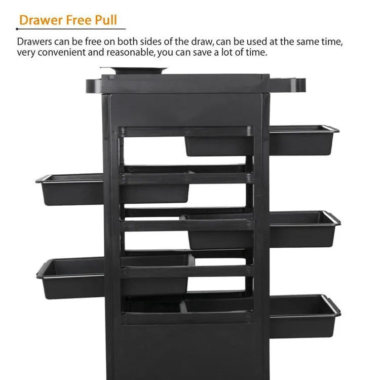 Black plastic six-layer hair salon tool trolley for barbers and hairdressers with multi-purpose storage