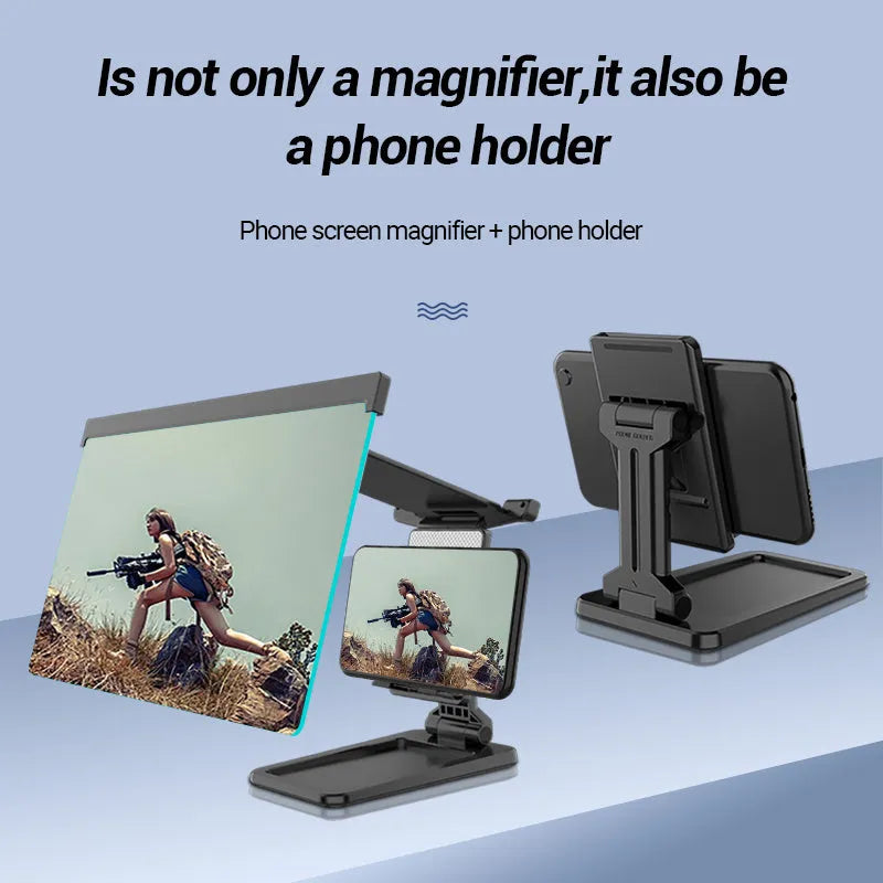 Black folding mobile phone screen magnifier with detachable holder next to an iPhone