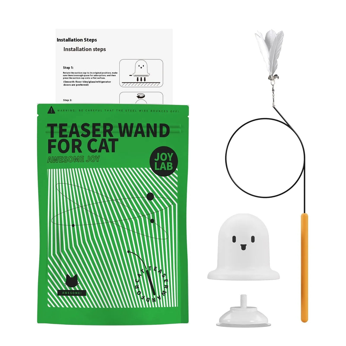 Cat toy strong suction cup cat teaser in green plastic with suction cup base on a smooth surface