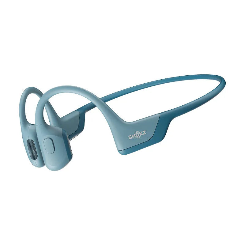 Bone conduction wireless earphones in Knight Black with titanium alloy frame, side view of open-ear design