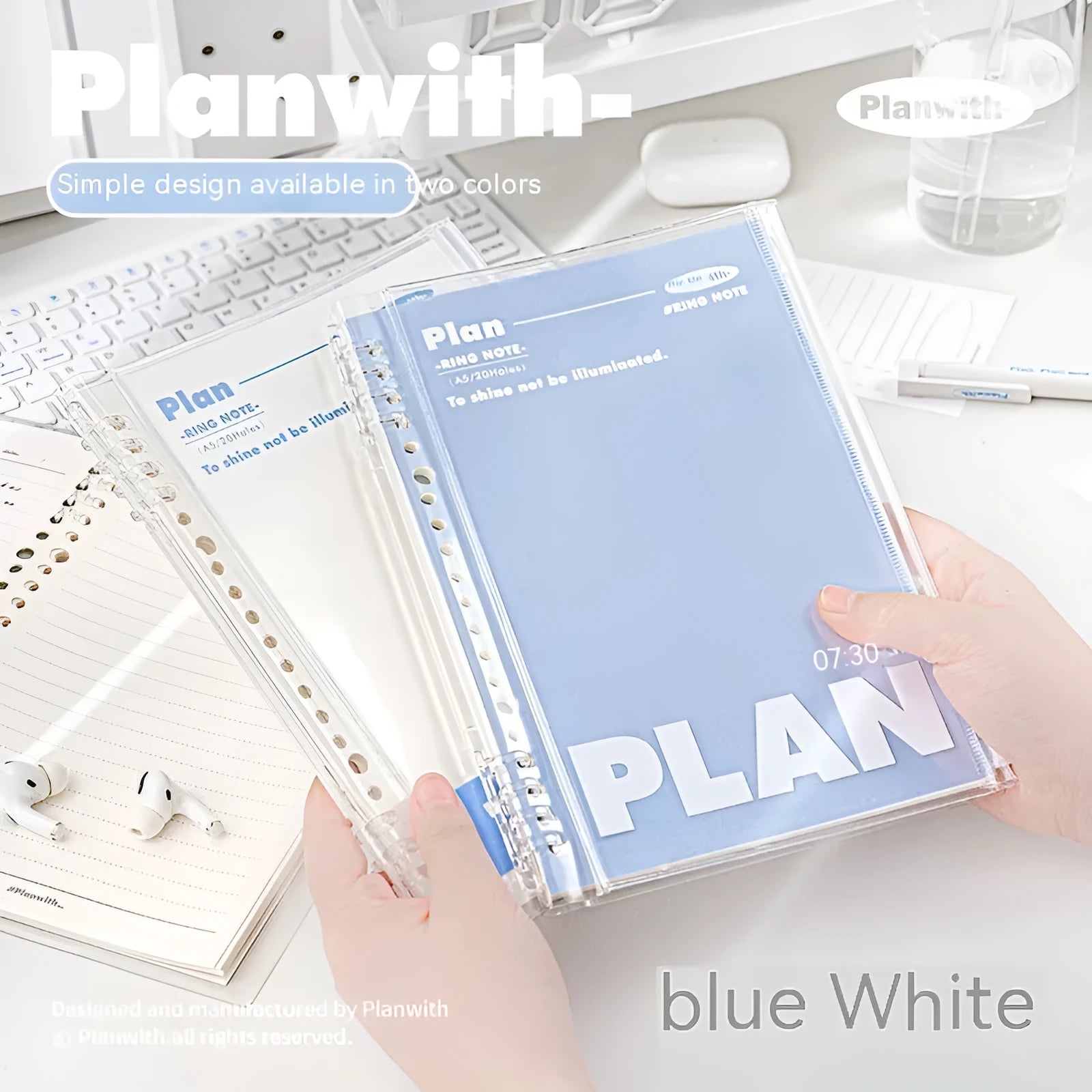 A5 loose spiral notebook with PVC binding in white and blue colour options showing removable page function