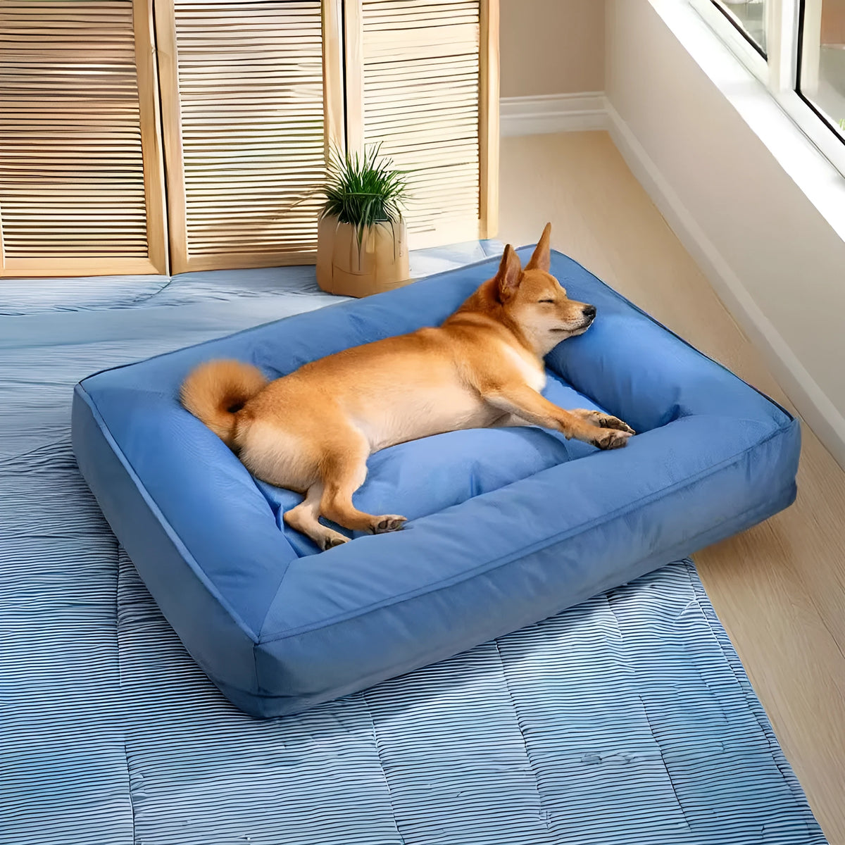 Orthopedic dog bed in waterproof Oxford cloth, full surround support, blue dark green or grey, sizes M to XXL