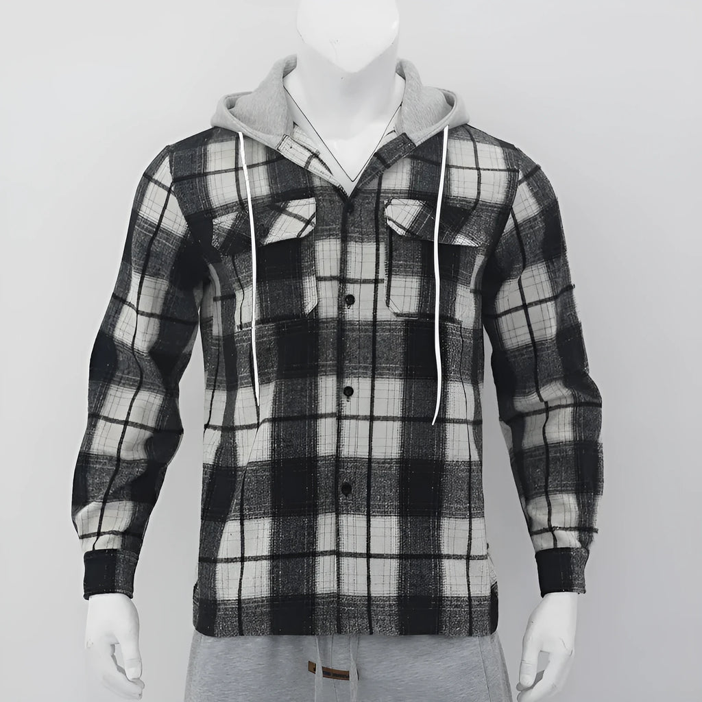 Gray plaid hooded flannel shirt for men, loose casual long sleeve jacquard cardigan, sizes S-XXXL