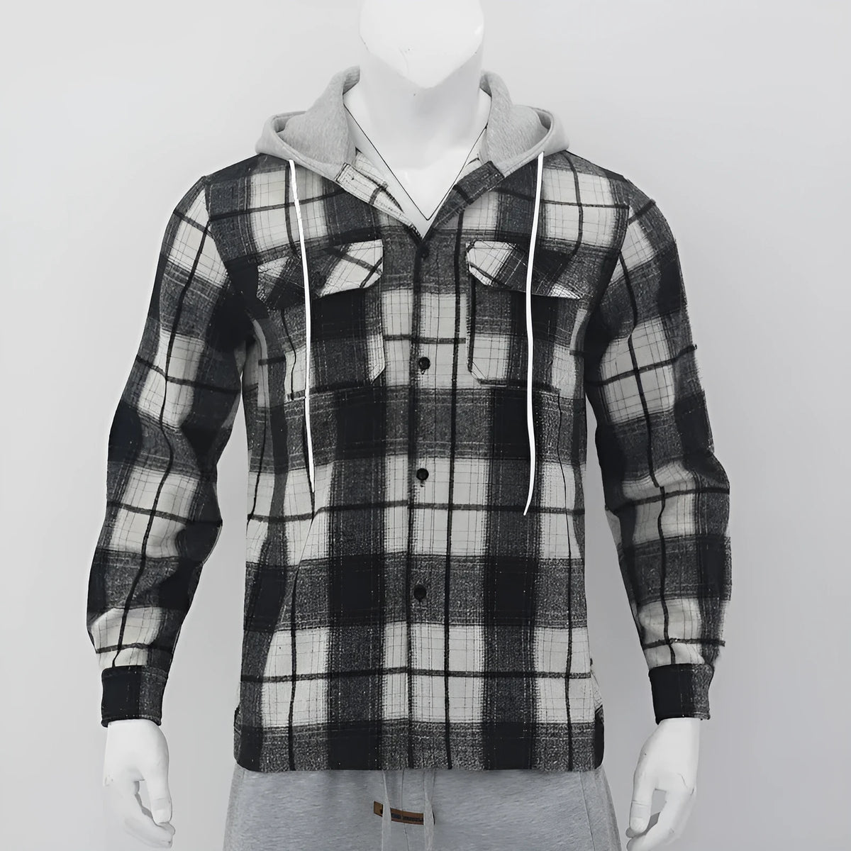 Gray plaid hooded flannel shirt for men, loose casual long sleeve jacquard cardigan, sizes S-XXXL