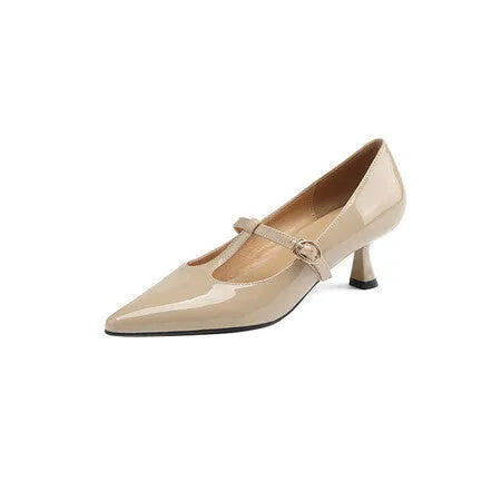 Women's square toe high heels in first layer cowhide leather, 6-8cm heel, rubber sole, black apricot or red, sizes 34-39