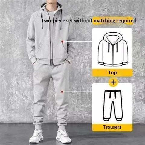 Men's loose zip-up hoodie sweater set in cotton available in black and gray