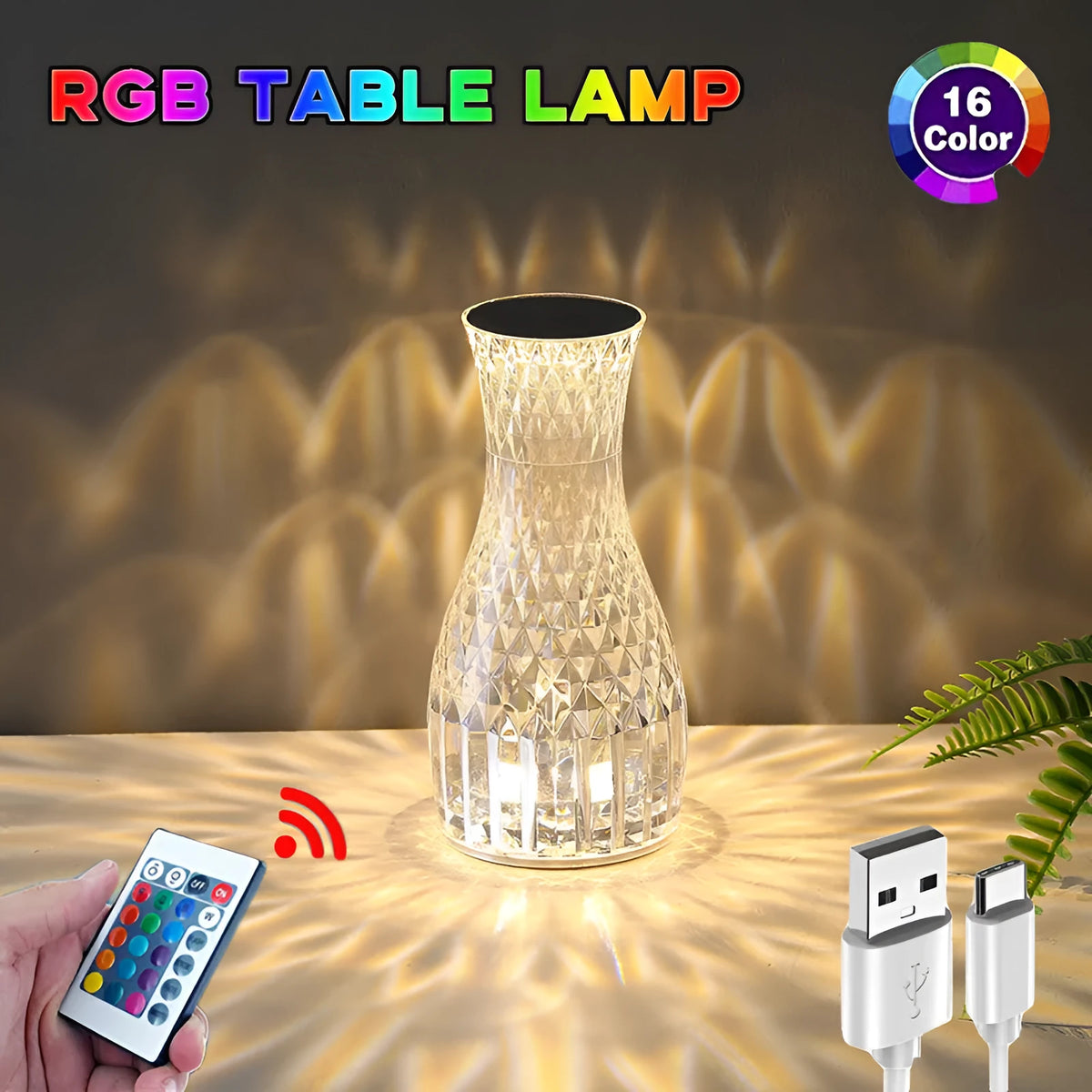 Crystal vase-shaped table lamp with remote control on wooden bedside table