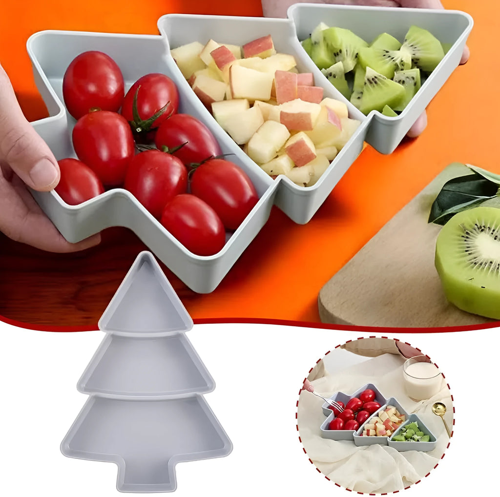 Christmas tree shaped plastic fruit platter and divided snack tray, 25.5 x 18.5cm, in blue, grey, pink or white.