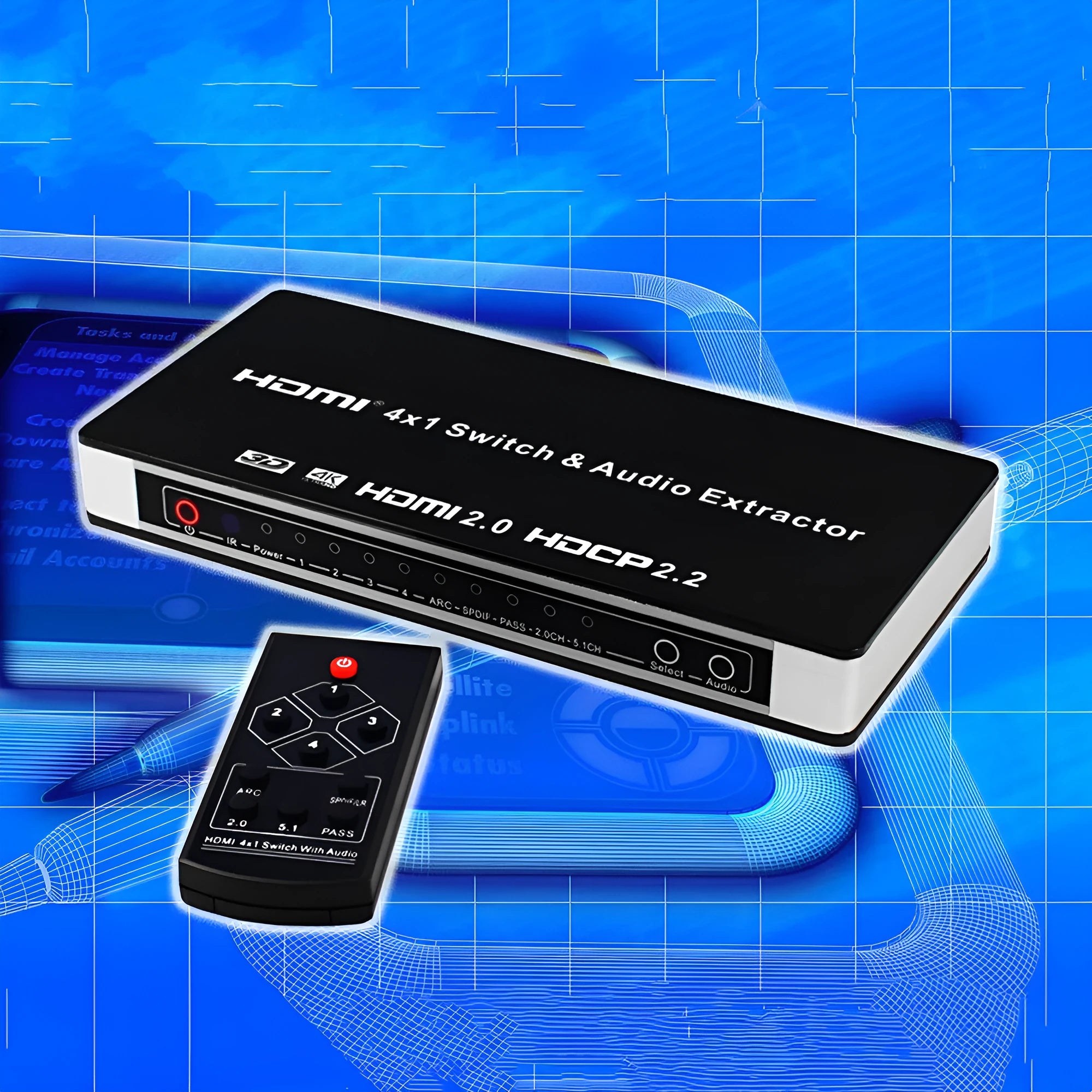 Black 4-input 1-output HDMI audio video switch with remote control on a table.