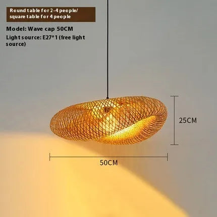 Bamboo woven hanging lamp with straw hat shape in natural material showing texture details
