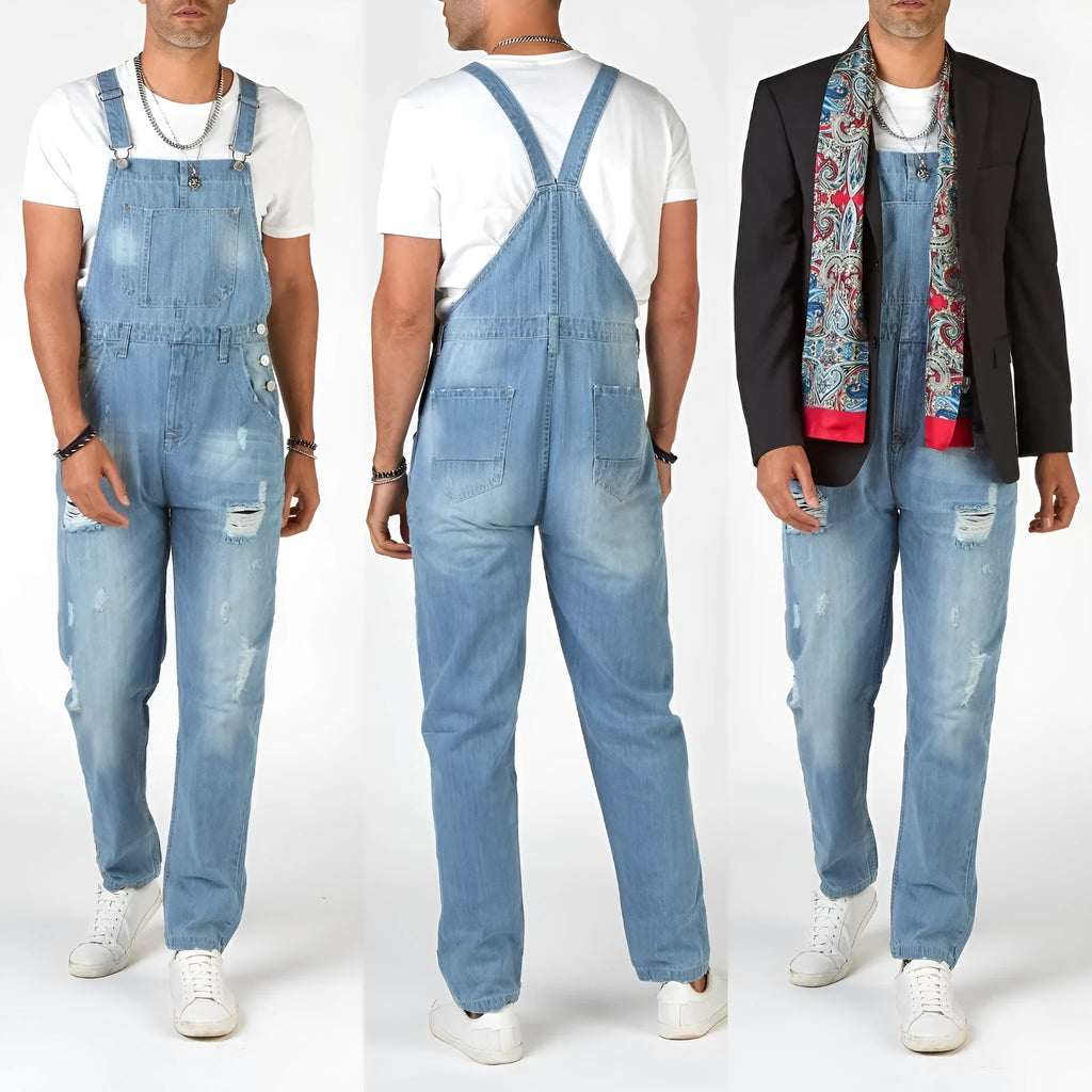 Men's light blue ripped suspender trousers with button-fastened straight legs and high-waist design