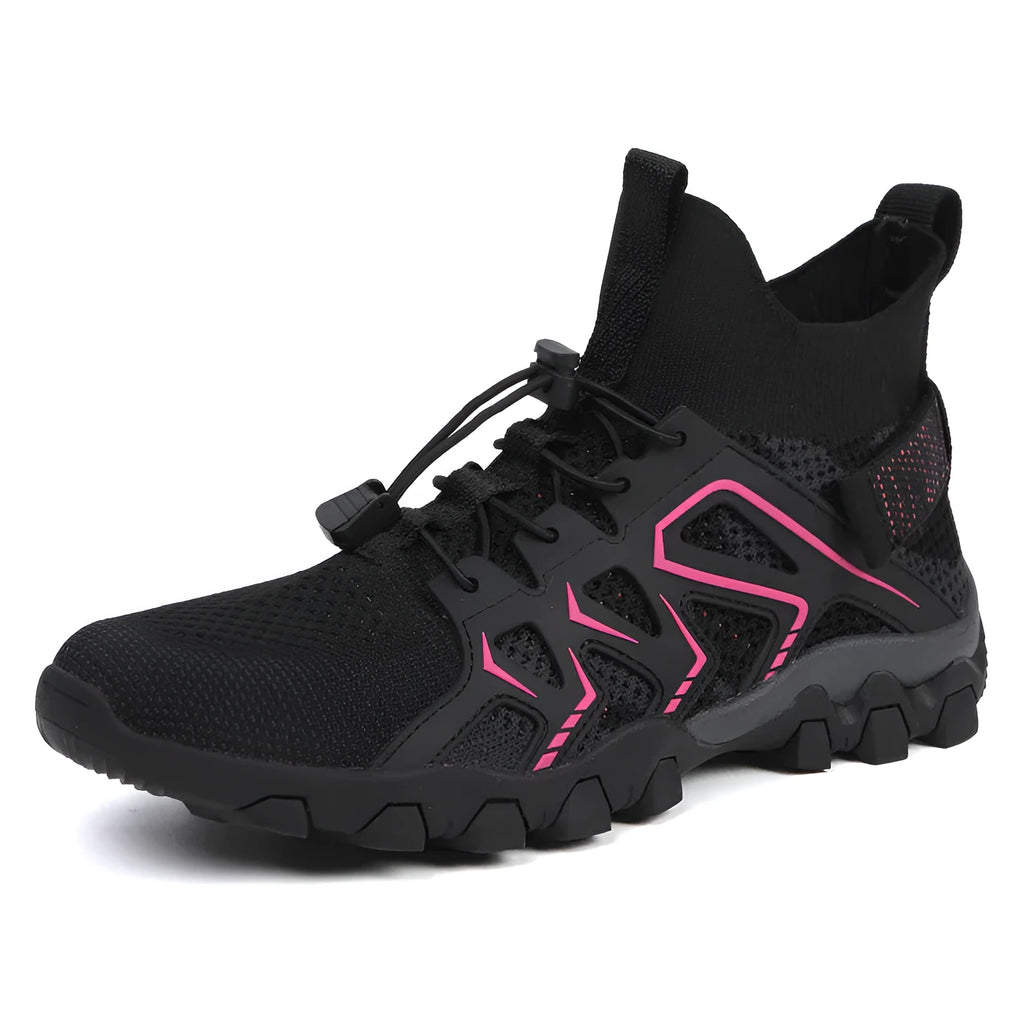 Unisex outdoor hiking shoes with breathable cloth upper and rubber outsole, available in four colours and sizes 35 to 50.