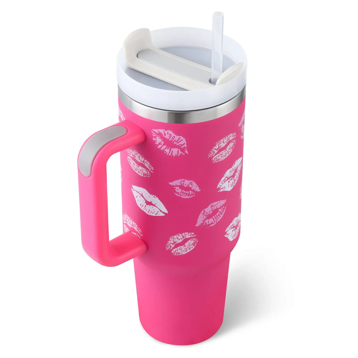40 oz insulated stainless steel tumbler with handle straw and spill proof lid in a tapered design for car or gym use