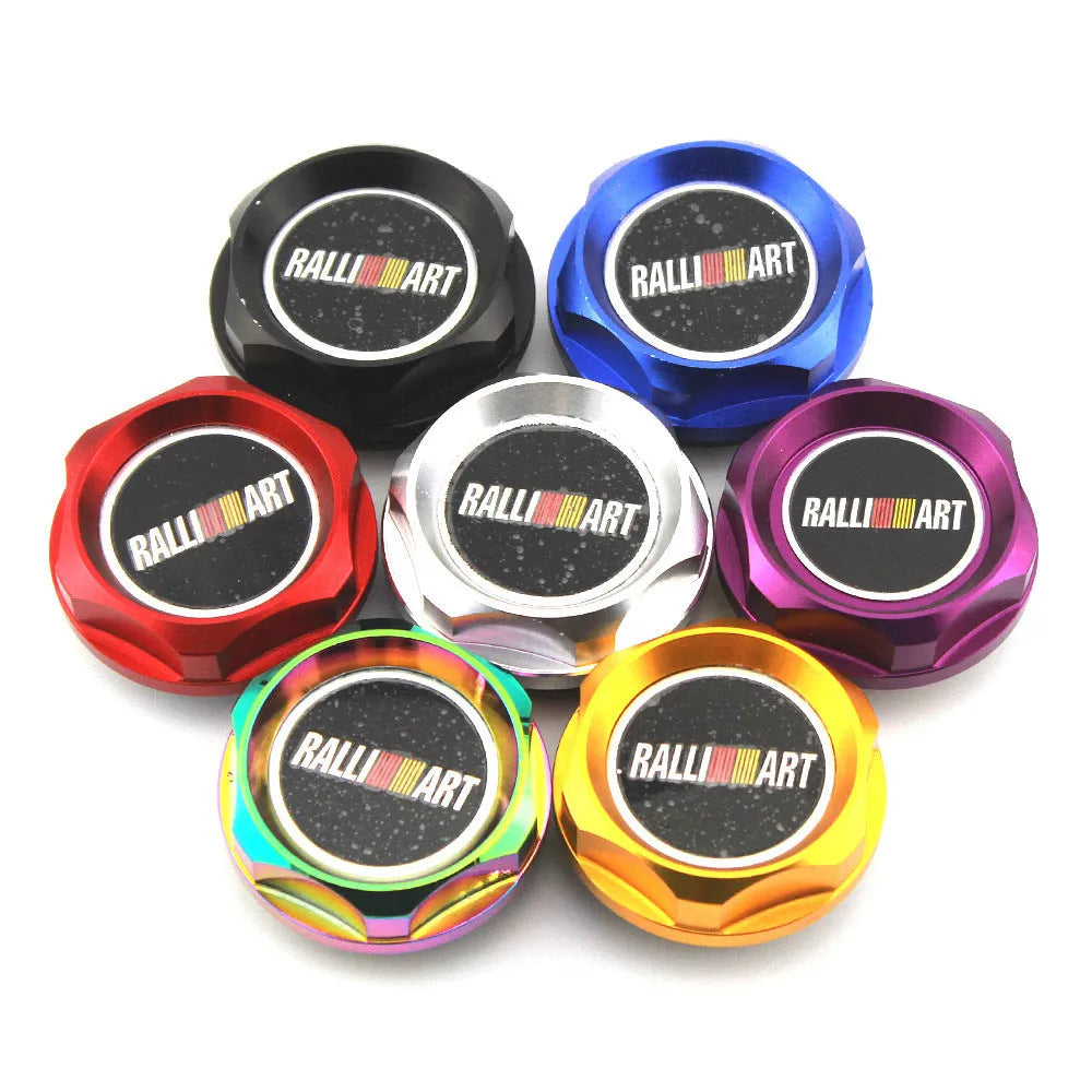 Aluminium alloy oil filter cap for some Mitsubishi models, shown in red, blue, gold, silver, black, and purple.