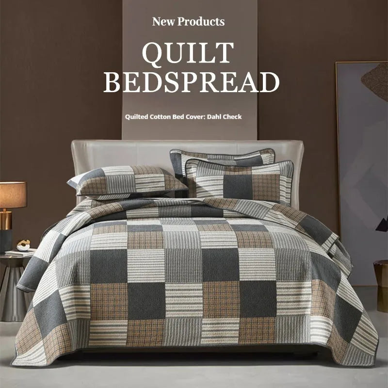 Pure cotton bedspread three-piece set with geometric pattern, showing bedcover and pillowcases.