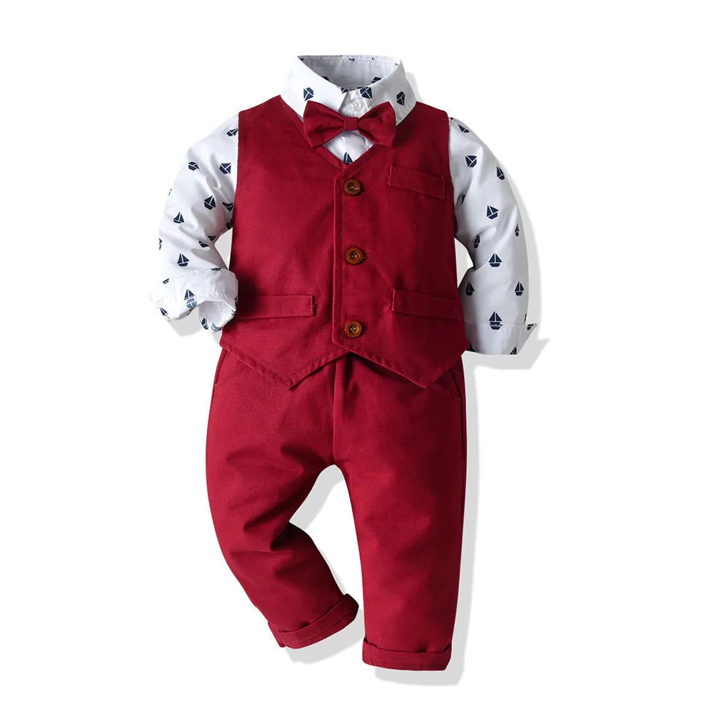 Boys red cotton three-piece suit set with long-sleeved shirt, single-breasted vest, and pants