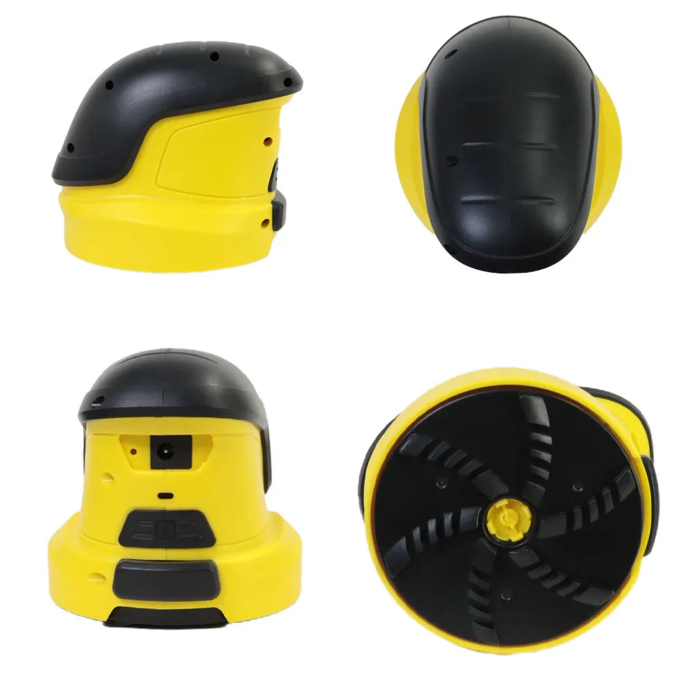 Yellow cordless electric snow scraper with ergonomic handle and removal window for car windscreen de-icing