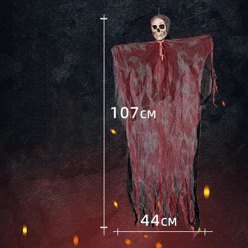 Halloween hanging ghost pendant with dyed blood skull face and wavy ghost clothes on a porch