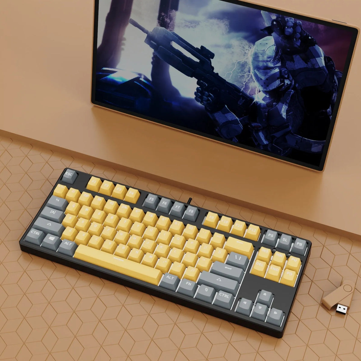87-key wired mechanical keyboard with hot-swappable switches showing multiple colour combination options