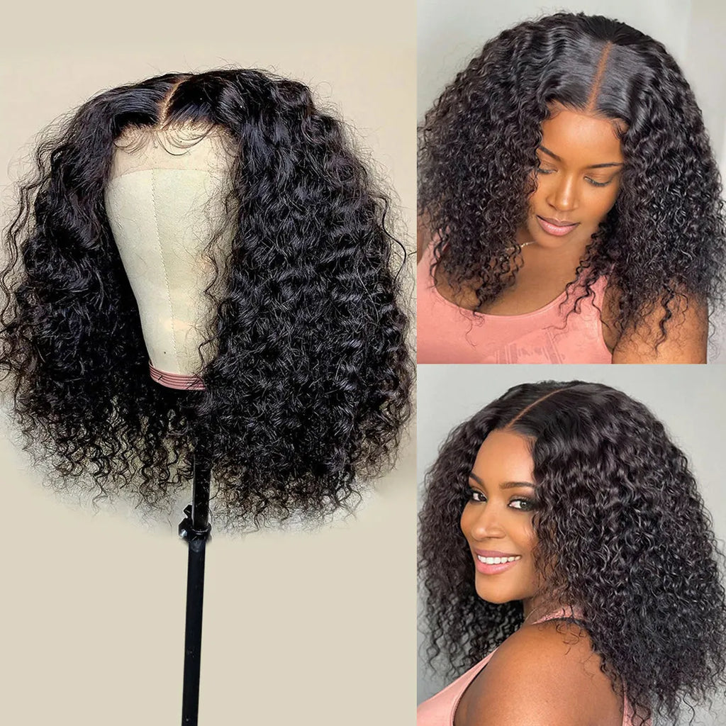Short bob wig jerry curly human hair 150% 180% density transparent lace front natural black