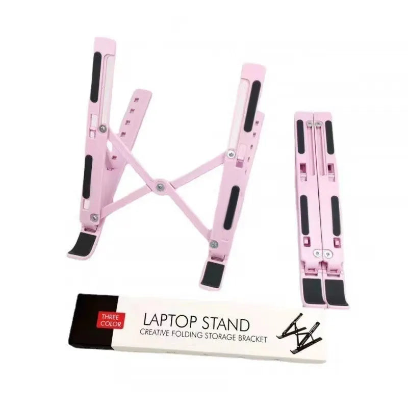 Silver aluminium alloy folding laptop stand holding a notebook, shown next to its cloth storage bag.