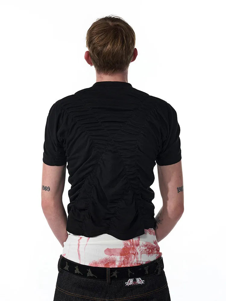 Men's black printed slim fit short sleeve t-shirt with round neck collar