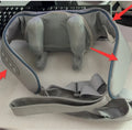 Grey elastic fabric USB rechargeable neck and back massage instrument with two gears.