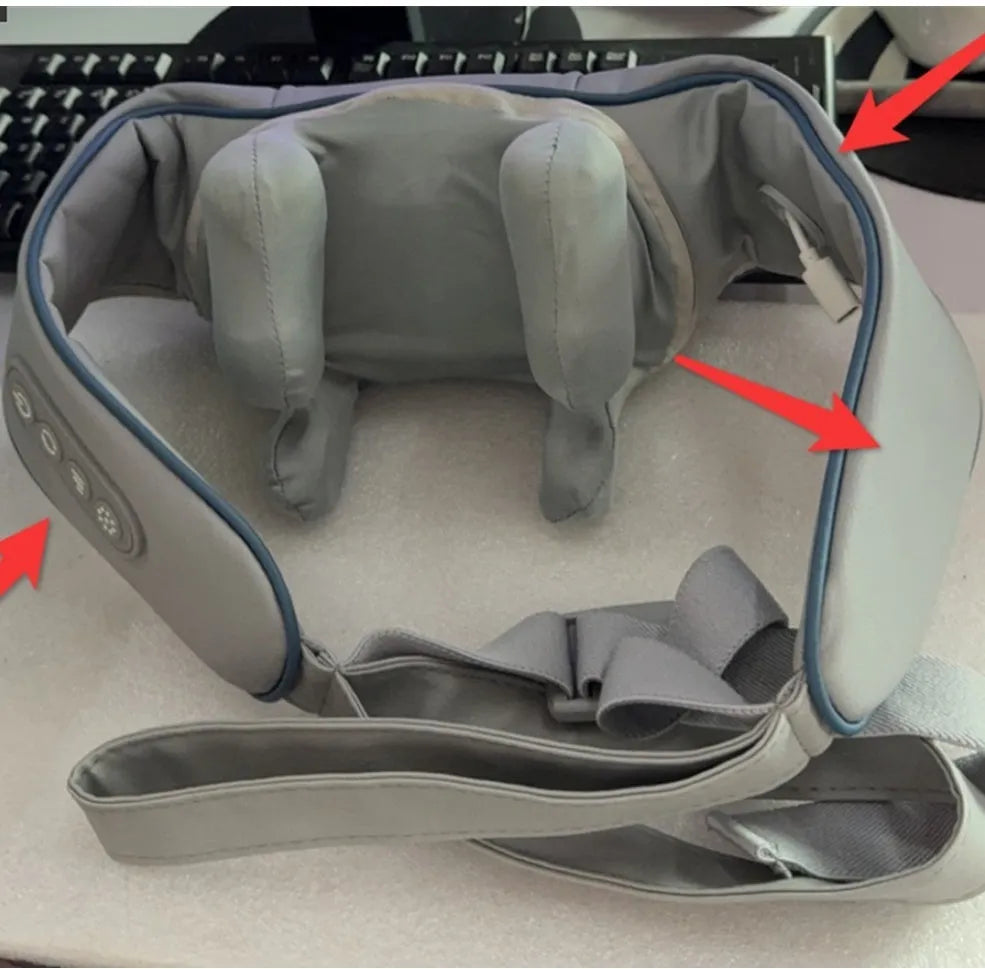 Grey elastic fabric USB rechargeable neck and back massage instrument with two gears.