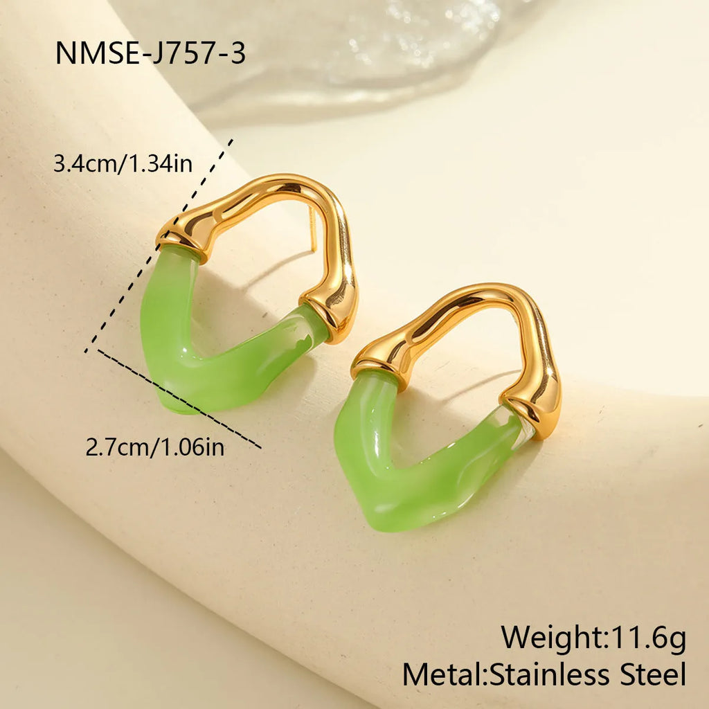 Resin stitching stainless steel earrings with 18K electroplated finish in pink, blue, green, white, and coffee colours