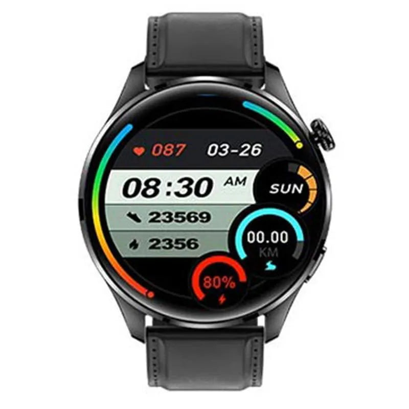 Black Bluetooth smart watch with round colour touch screen on a silicone strap