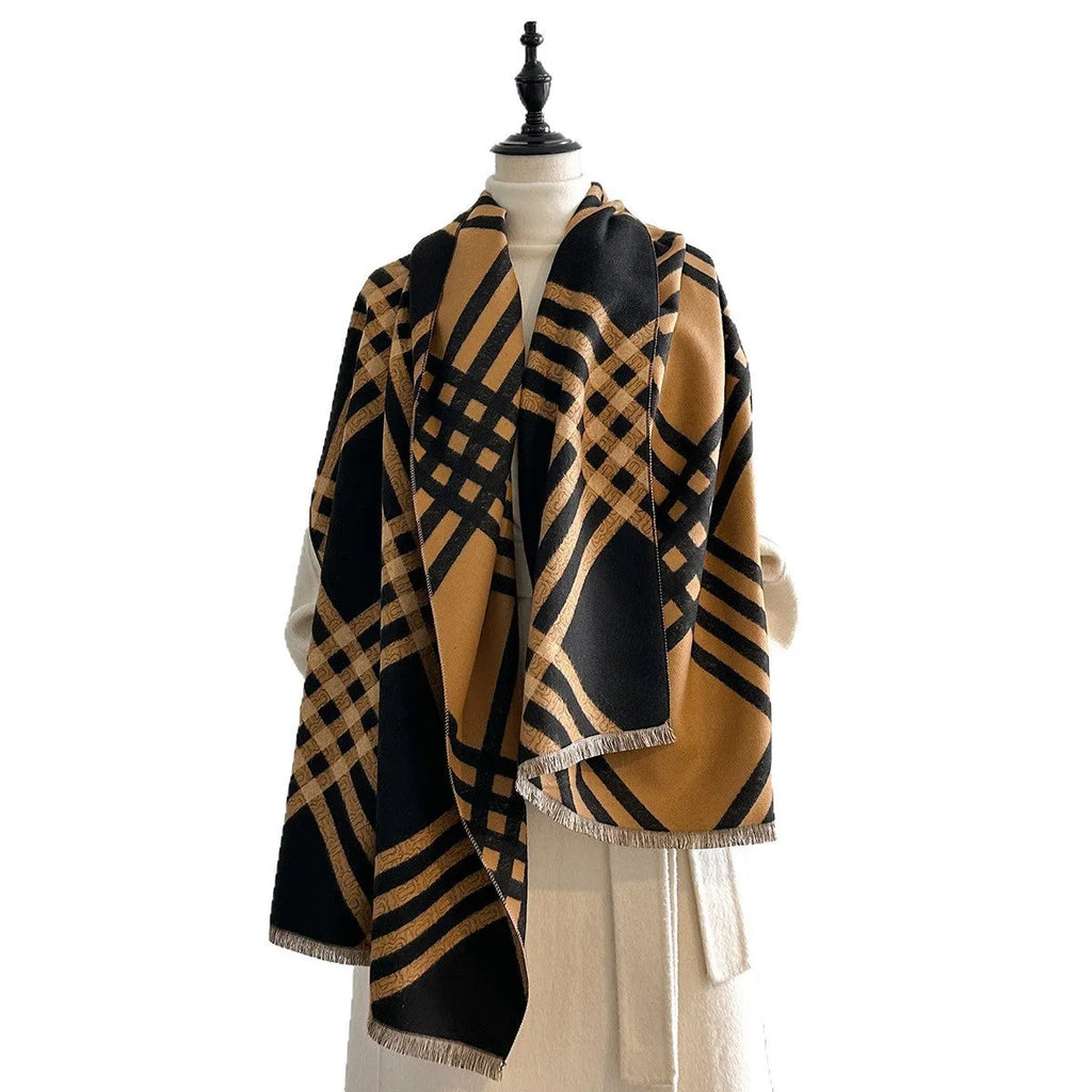 Qianjin imitation cashmere winter scarf with tassels in brown colour showing 185cm length
