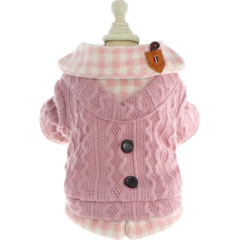 Dog wearing blue wool plaid fake two-piece sweater with fleece lining