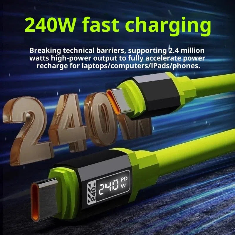 Blue braided 240W fast charging Type-C data cable for mobile phones and tablets, available in lengths from 0.3m to 2m.