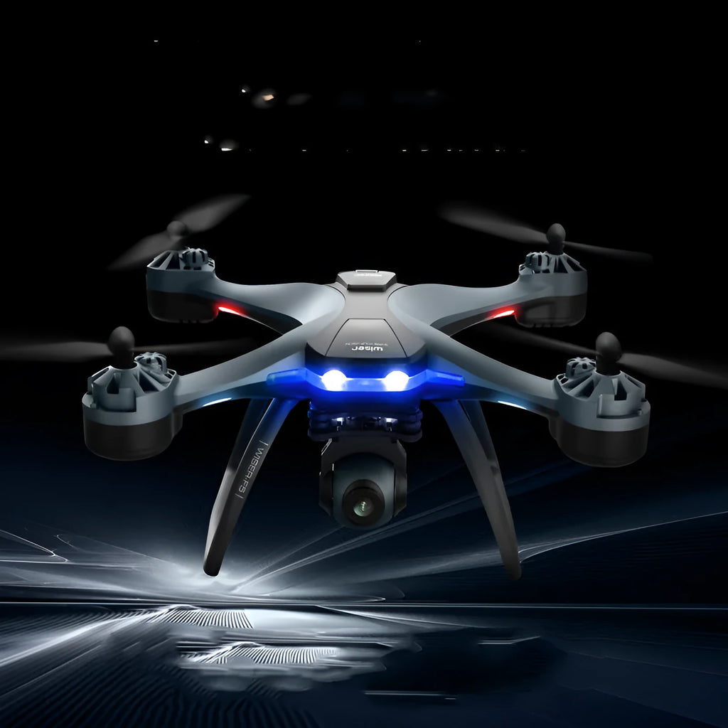 Plastic quadrocopter remote control drone with GPS, camera, and spare blades on landing gear