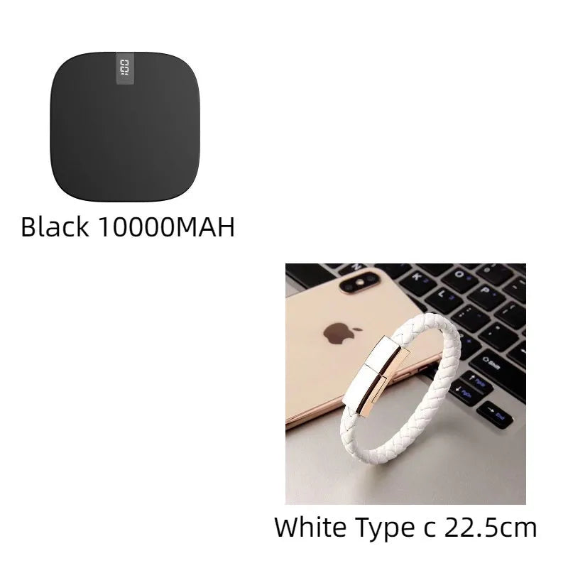 10000 mAh mini power bank with digital display in black, compact portable charger with two USB ports