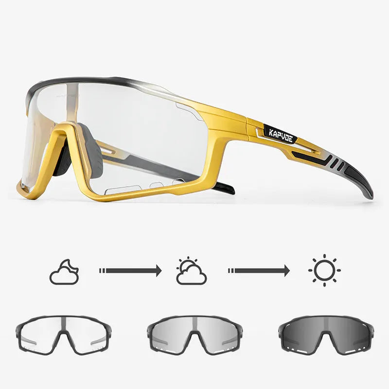 Photochromic cycling sunglasses with semi-rimless TR90 frame on a solid colour background
