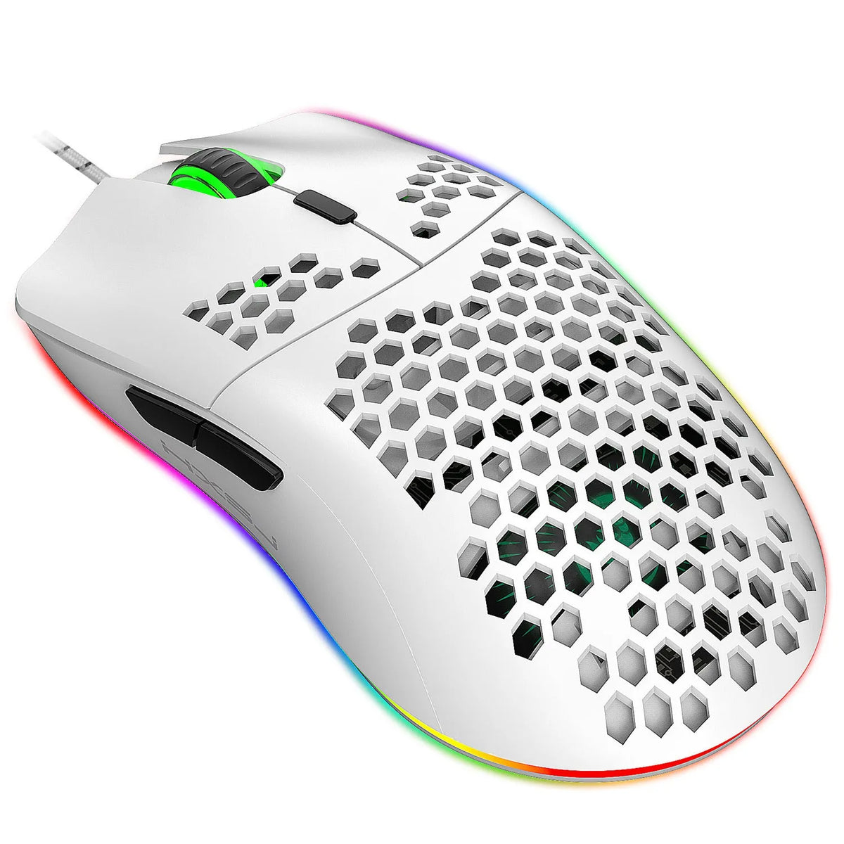 J900 honeycomb shell gaming mouse with RGB lighting on a desk