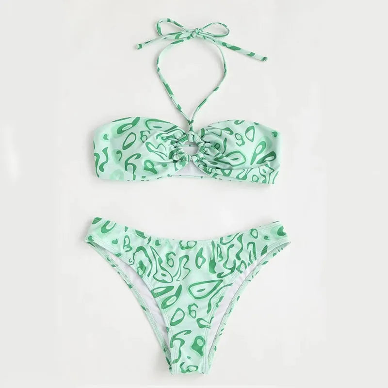 Green floral bandeau bikini swimsuit with backless design and split-style briefs