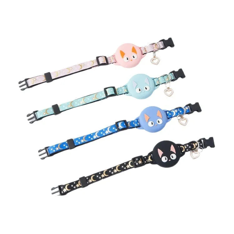 Plastic AirTag holder attached to cat collar with adjustable sizing and protective case