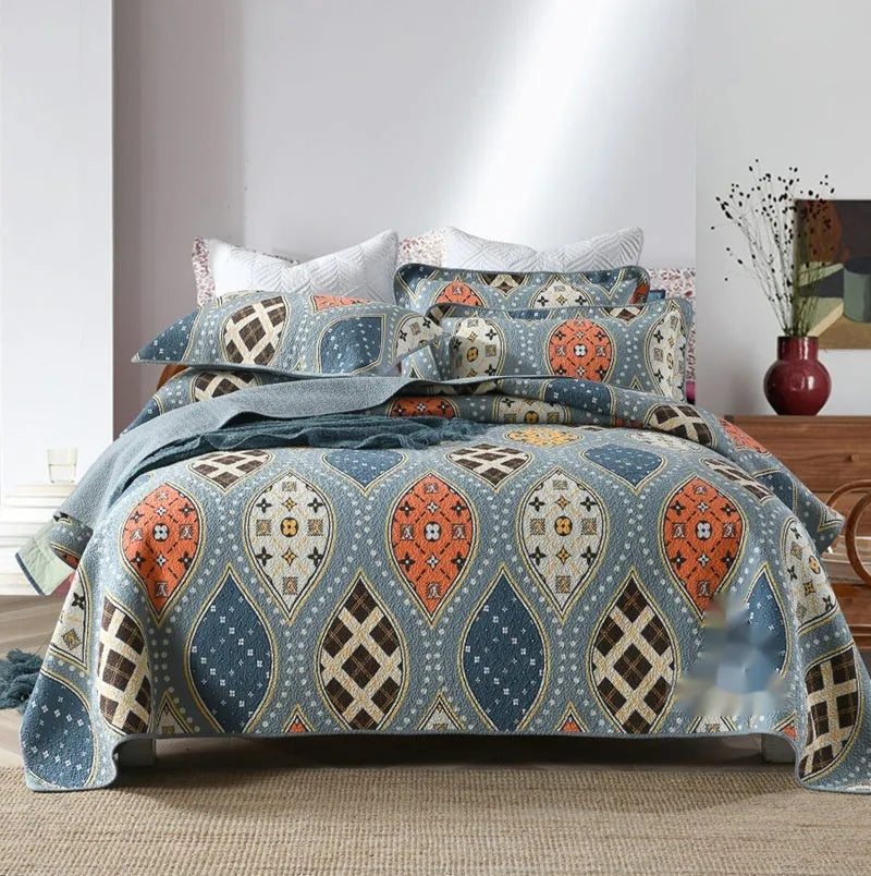 Pure cotton bedspread three-piece set with geometric pattern, showing bedcover and pillowcases.