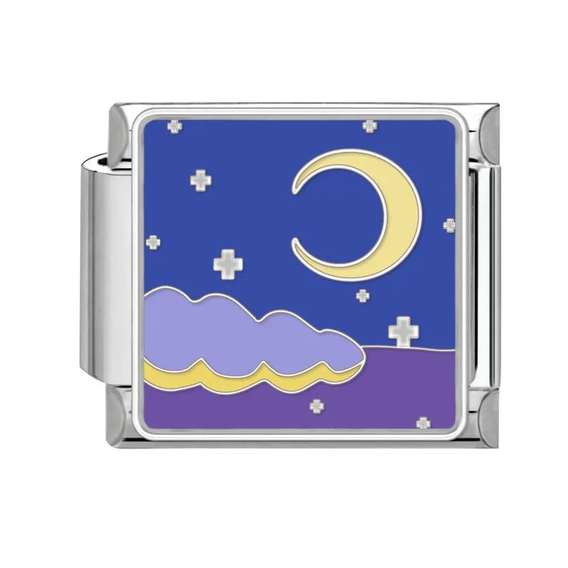 Stainless steel square link charm 1x0.9cm with Totem pattern, dripping oil finish and moon or planet colour option