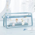 Clear double-layer pencil case showing two compartments, in beige colour tint with dimensions 220x110x80mm.