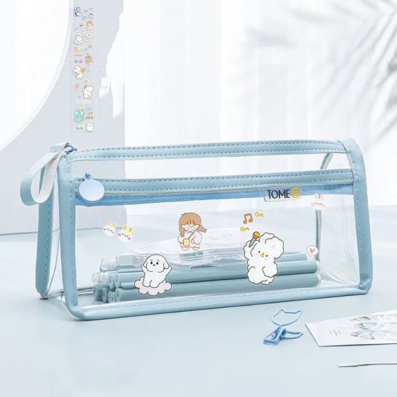 Clear double-layer pencil case showing two compartments, in beige colour tint with dimensions 220x110x80mm.
