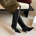 Women's solid colour retro high tube pointed boots with mid heel and sewing thread details in black
