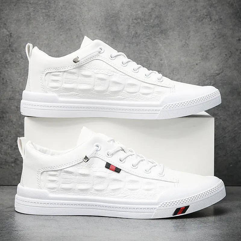 Men's white lace-up casual sneakers with PU leather upper and round toe