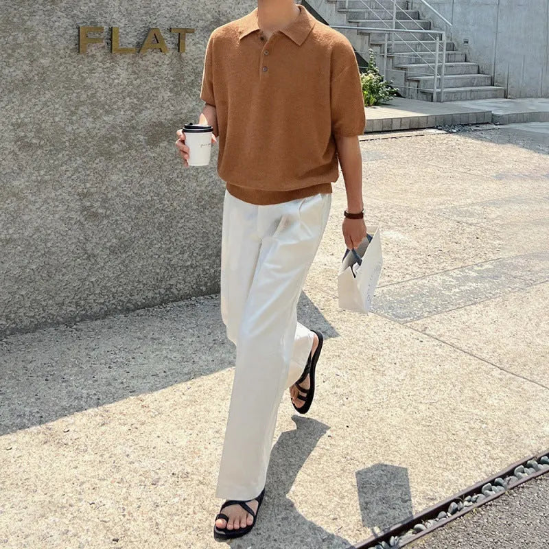 Men's caramel coloured retro knitted polo shirt with short sleeves and asymmetric design detail