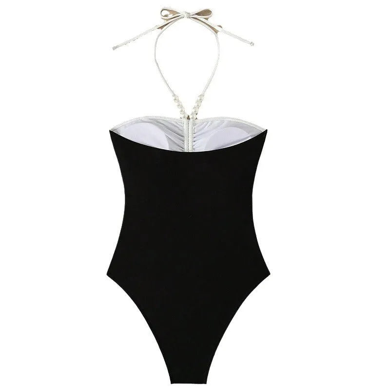 Pearl spaghetti straps one-piece swimsuit for women in black and white colour options